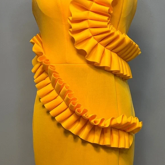 Vibrant Yellow One Shoulder Ruffle Dress Size Large - Picture 3 of 16